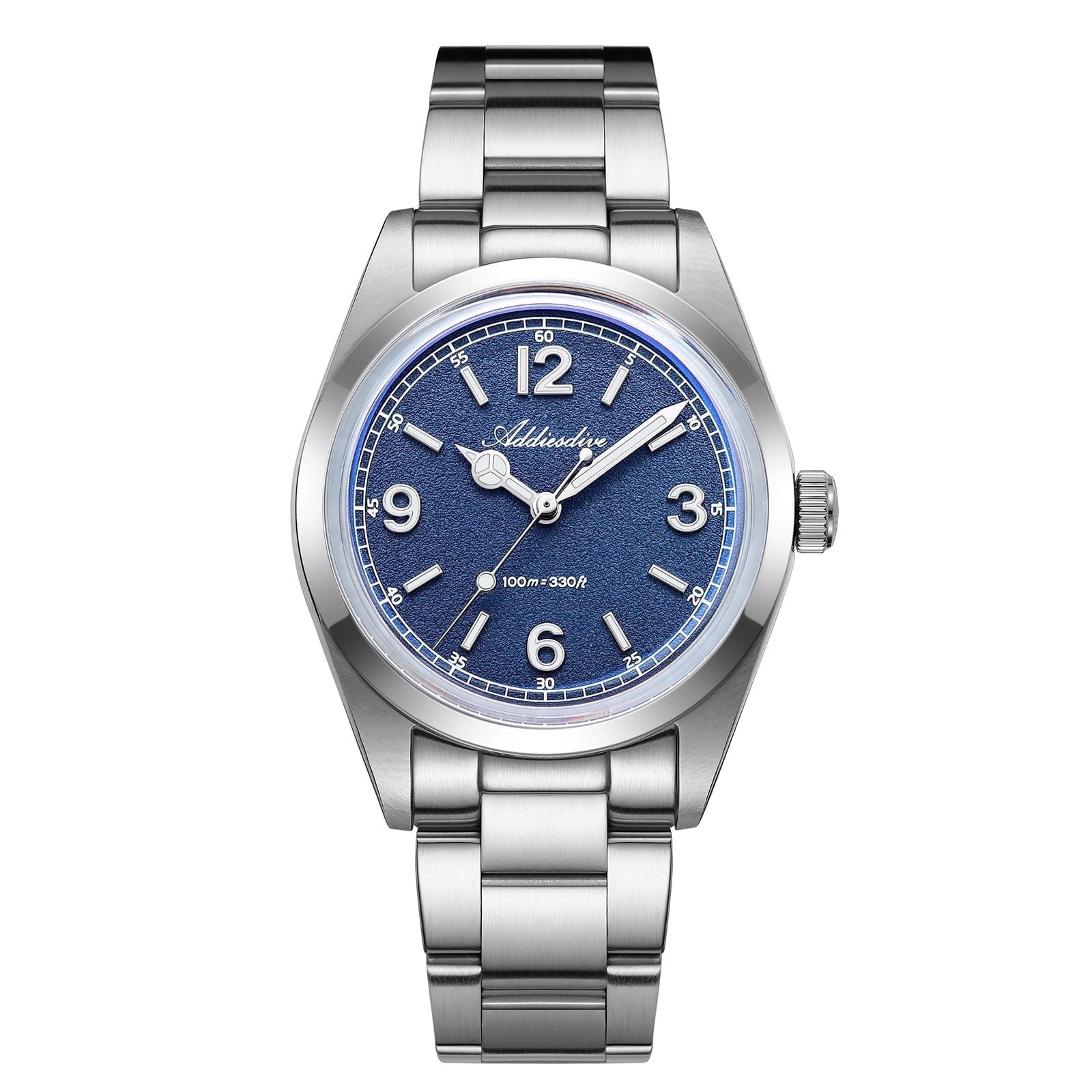 ADDIESDIVE Men's 36mm Diver's  Stainless Steel Wristwatch, 100m Waterproof, Japanese Quartz Movement, Luminous Blue Dial