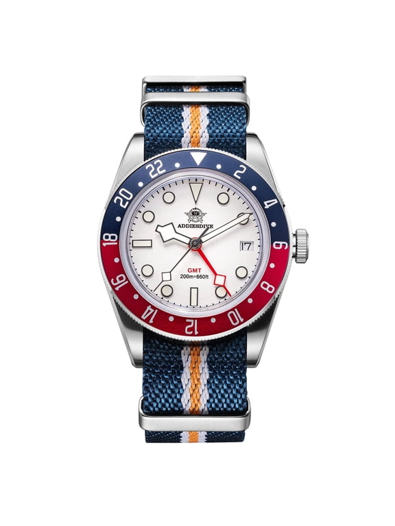 Men's GMT Dive Watch 200M with Swiss Quartz Movement, 316L Stainless Steel Men's Analog Quartz Watches, BGW9 Luminous Unidirectional Bezel Blue Nylon Band