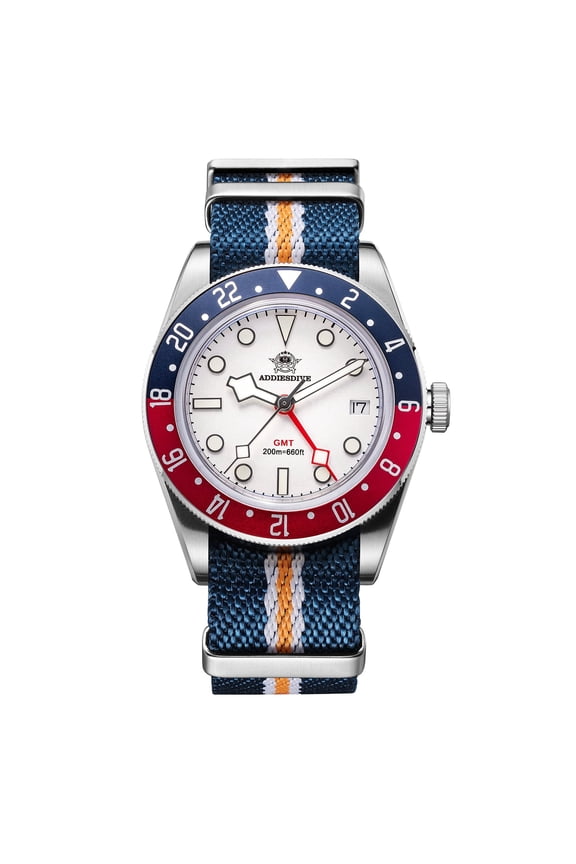 Men's GMT Dive Watch 200M with Swiss Quartz Movement, 316L Stainless Steel Men's Analog Quartz Watches, BGW9 Luminous Unidirectional Bezel Blue Nylon Band