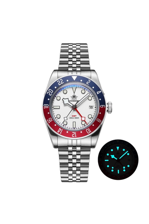 Men's GMT Watch 39mm Swiss Quartz Dual Time Zone Stainless Steel Dive Watch K1 Bubble Mineral Crystal 200M Water Resistant Gift for Men