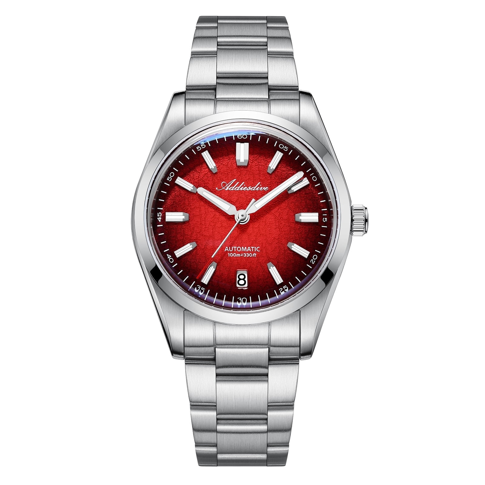 ADDIESDIVE Men's Automatic Stainless Steel Watch, Japanese Movement, 100m Waterproof Dive Watch  3D Crack Red Dial, BGW9 Luminous