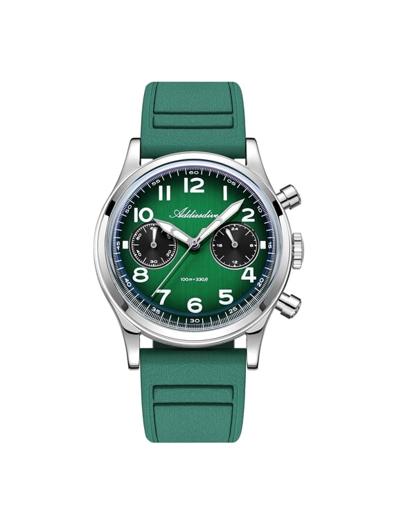 Men's Chronograph Dive Watch 100M, Luminous 38mm Stainless Steel Panda Dial Quartz Analog Watches, Fluororubber Strap
