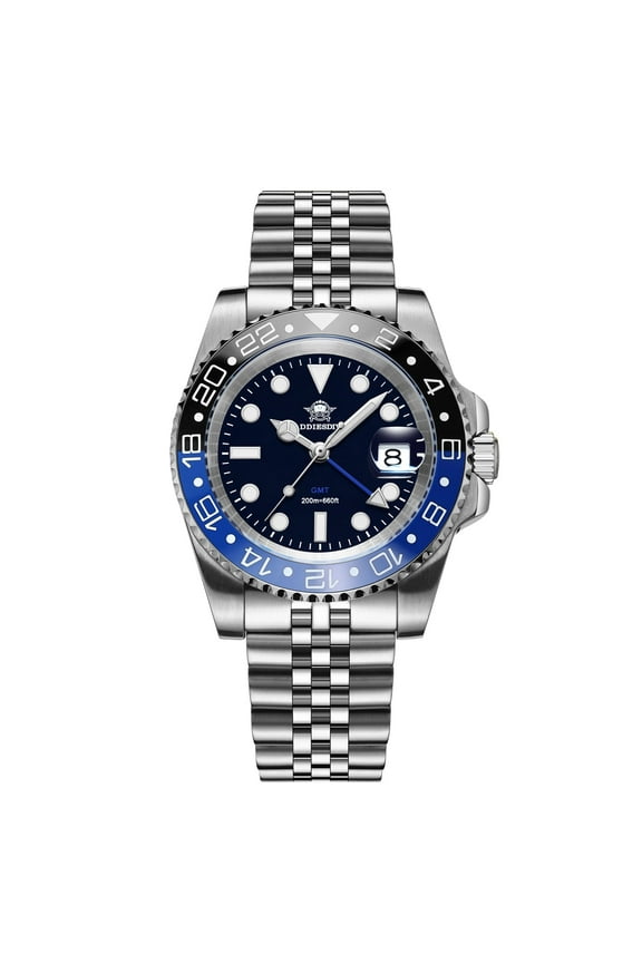 Men's Professional GMT Analog Watch, Swiss Quartz Movement, 200M Waterproof Stainless Steel Dive Watch with Ceramic Bezel & Super Lume