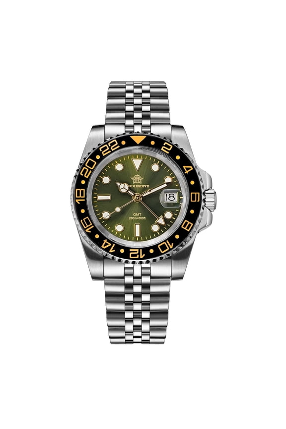 Men's Professional GMT Watch, Swiss Quartz Dual Time, 200M Water Resistant Stainless Steel Diver Watch with Ceramic Bezel & Super Lume