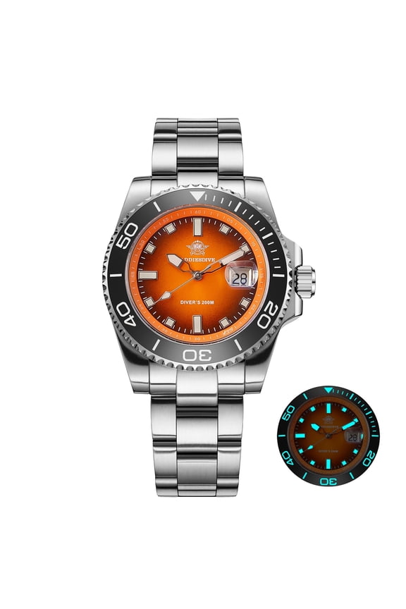 Men's Watch, Analog Quartz Watch, Professional Dive Watch 200M Waterproof, 316L Stainless Steel, Ceramic Bezel, Luminous, Orange