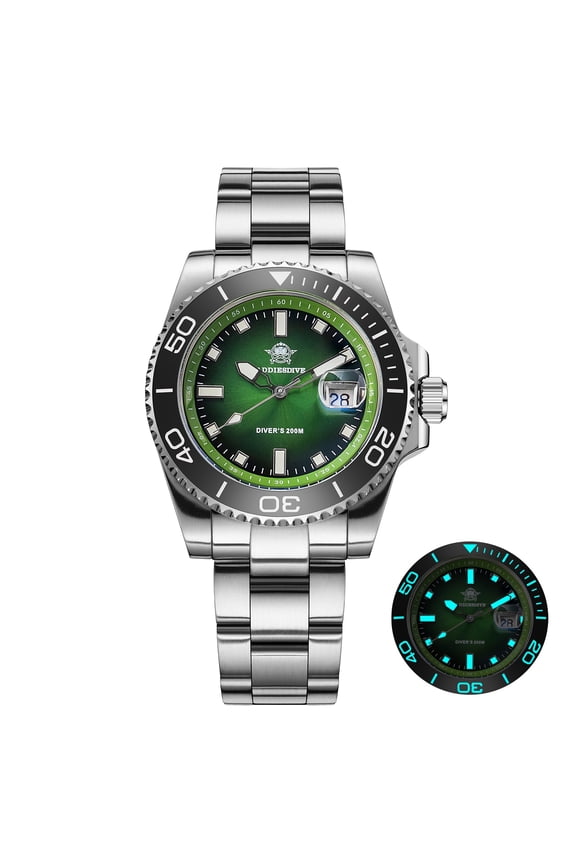 Men's Watch Dive Watch with Ceramic Bezel, 316L Stainless Steel, Japanese Quartz Movement, 200M Water Resistant, Blue Luminous, Green