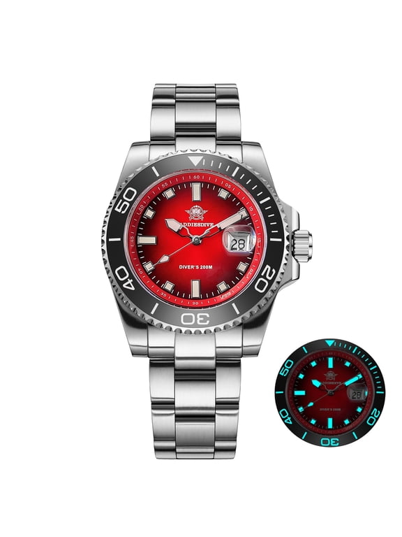 Men's Watch Dive Watch with Ceramic Bezel, 316L Stainless Steel, Japanese Quartz Movement, 200M Water Resistant, Luminous, Red