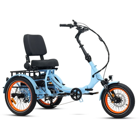 ADDMOTOR Freetri E-361 Semi-Recumbent Electric Trike for Adults, 750W 85Mi Folding Electric Tricycle, 960Wh Removable Battery, Low Step-Thru 3 Wheel Ebike, Ajustable Backrest Seat, Parking GULF BLUE