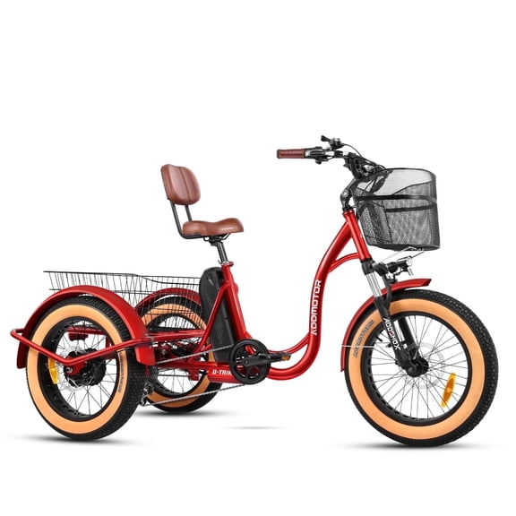 ADDMOTOR U-750 Electric Tricycle for Adults, 750W Tilting eTrike, 48V 20AH 85 Miles Electric Trike, Step-Thru Fat Tire 3 Wheel Electric Bike, Big Front & Rear Basket, Parking Brake, Red