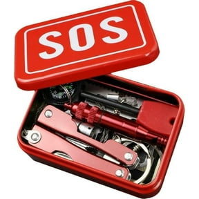 ADDSERK SOS Emergency Survival Kit - Multi-Tool Pliers, Compass, Whistle in Metal Storage Box (Red)