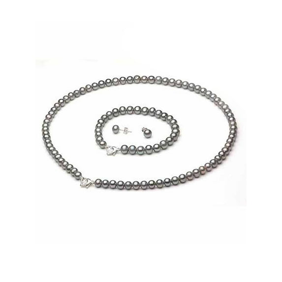 ADDURN 10-11mm Grey Freshwater Pearl Heart-Shape Sterling Silver Necklace (18"), Bracelet (7") Set with Bonus Pearl Stud Earrings