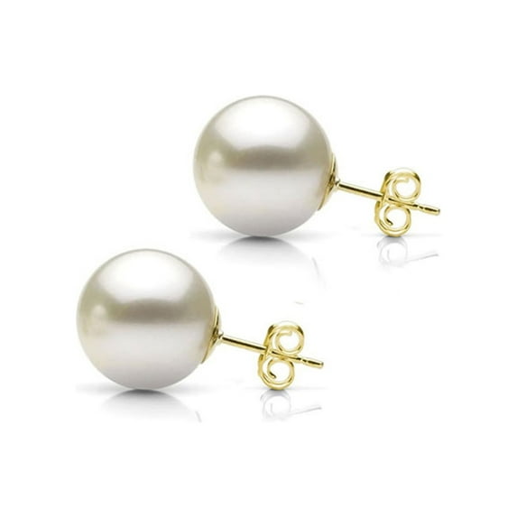 ADDURN 13-14mm White Perfect Round High-Luster Nucleated Freshwater Pearl 14kt Yellow Gold Stud Earrings