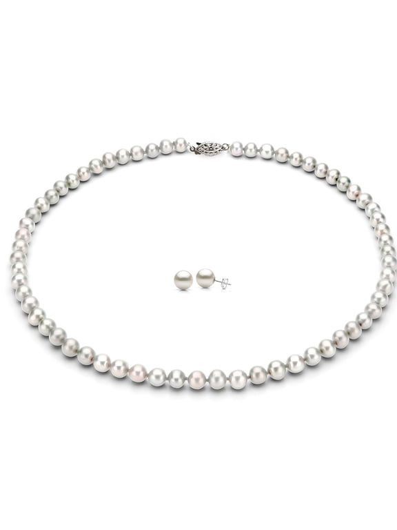 14Kt White Gold 6.5-7mm Japanese Akoya Cultured Pearl 18" Necklace and Earrings Set, AAA+ Quality