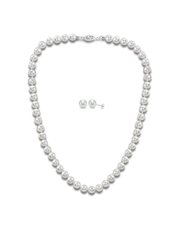 14Kt White Gold 7-7.5mm Japanese Akoya Cultured Pearl 18 Necklace and Earrings Set, AAA+ Quality