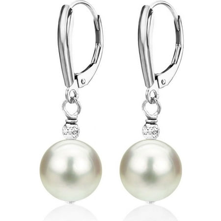 ADDURN 14Kt White gold White Freshwater Pearl with Pyramid Beads/Shield Lever Back Earring Earrings for Women - Various Pearl Sizes Available