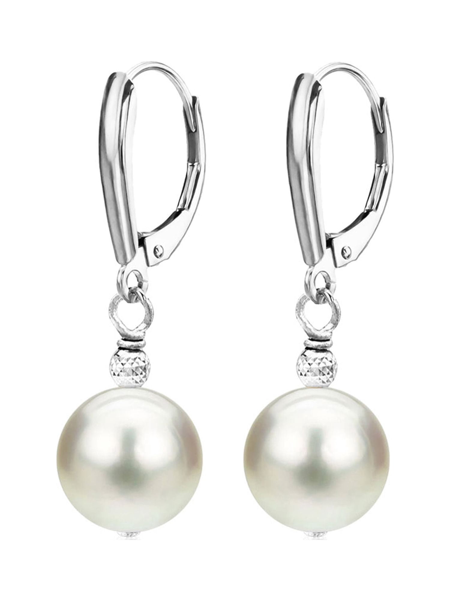 ADDURN 14Kt White gold White Freshwater Pearl with Pyramid Beads/Shield Lever Back Earring Earrings for Women - Various Pearl Sizes Available