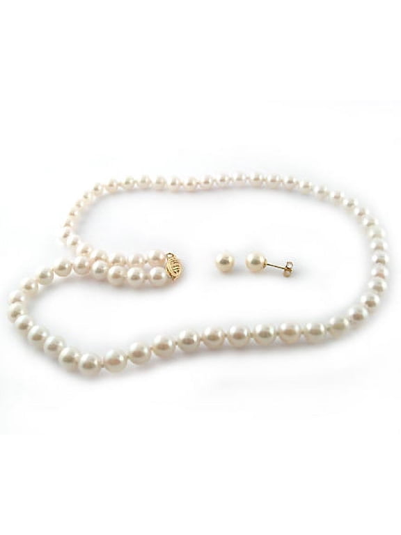 14Kt Yellow Gold 6.5-7mm Japanese Akoya Cultured Pearl 18 Necklace and Earrings Set, AAA+ Quality