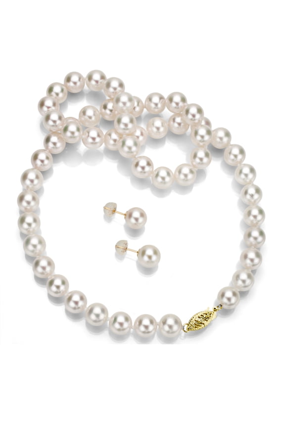14Kt Yellow Gold 7.5-8mm Japanese Akoya Cultured Pearl 18 Necklace and Earrings Set, AAA+ Quality