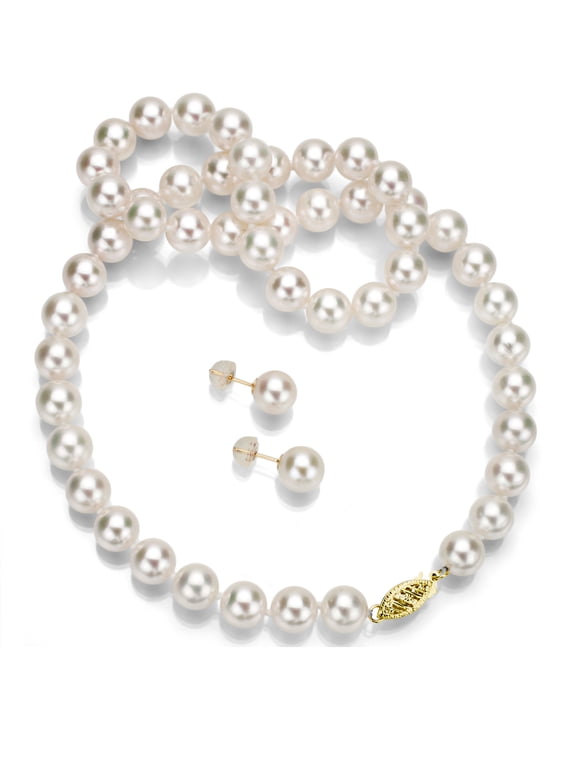 14Kt Yellow Gold 7.5-8mm Japanese Akoya Cultured Pearl 18 Necklace and Earrings Set, AAA+ Quality