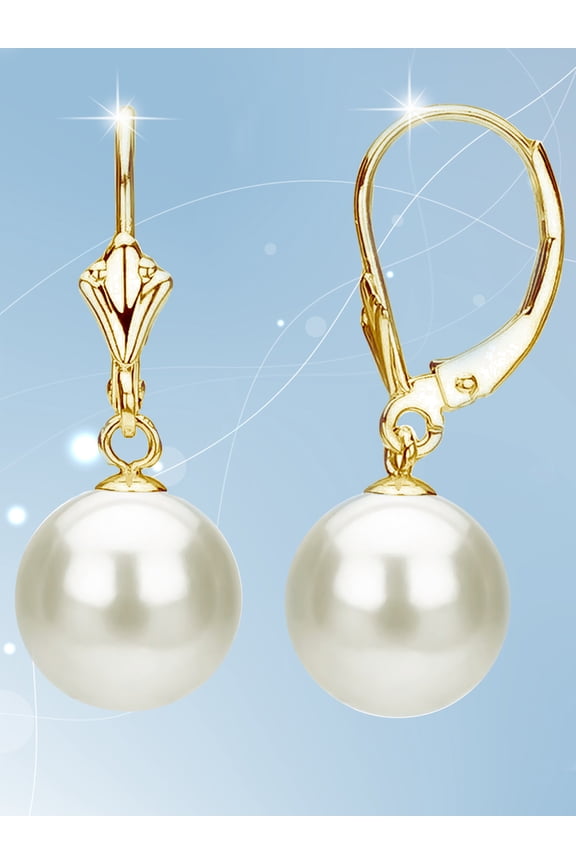 14Kt Yellow Gold White Freshwater Pearl Lever-Back Earring