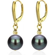 ADDURN 14Kt Yellow gold 6-7mm Black Freshwater Pearl with Pyramid Beads/Shield Lever Back Earring