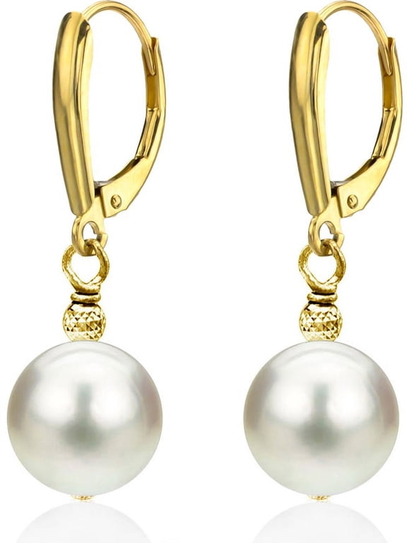 14Kt Yellow gold White Freshwater Pearl with Pyramid Beads/Shield Lever Back Earring. Various Pearl Sizes Available.