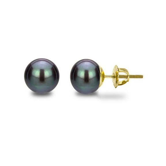 ADDURN 14kt 9-10mm Button Shape Black Freshwater Pearl Screw-Back Stud Earrings