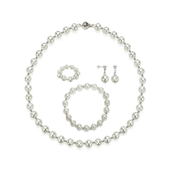 Addurn Sterling Silver White Freshwater Pearl Necklace Chain with Ball Clasp, Matching Stretch Bracelet & Matching Earring