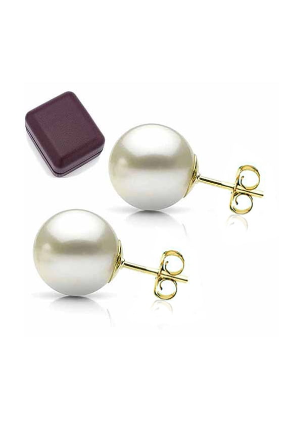 5-6mm White Perfect Round High-Luster Freshwater Pearl 14kt Yellow Gold Stud Earrings