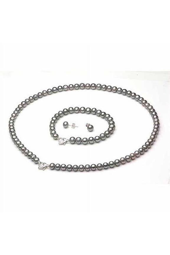 Sterling Silver Grey Freshwater Pearl Heart-Shape Necklace Set with Bonus Pearl Stud Earrings, Size: One Size