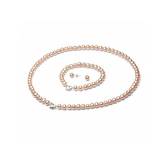 ADDURN 6-7mm Pink Freshwater Pearl Heart-Shape Sterling Silver Necklace (18"), Bracelet (7") Set with Bonus Pearl Stud Earrings