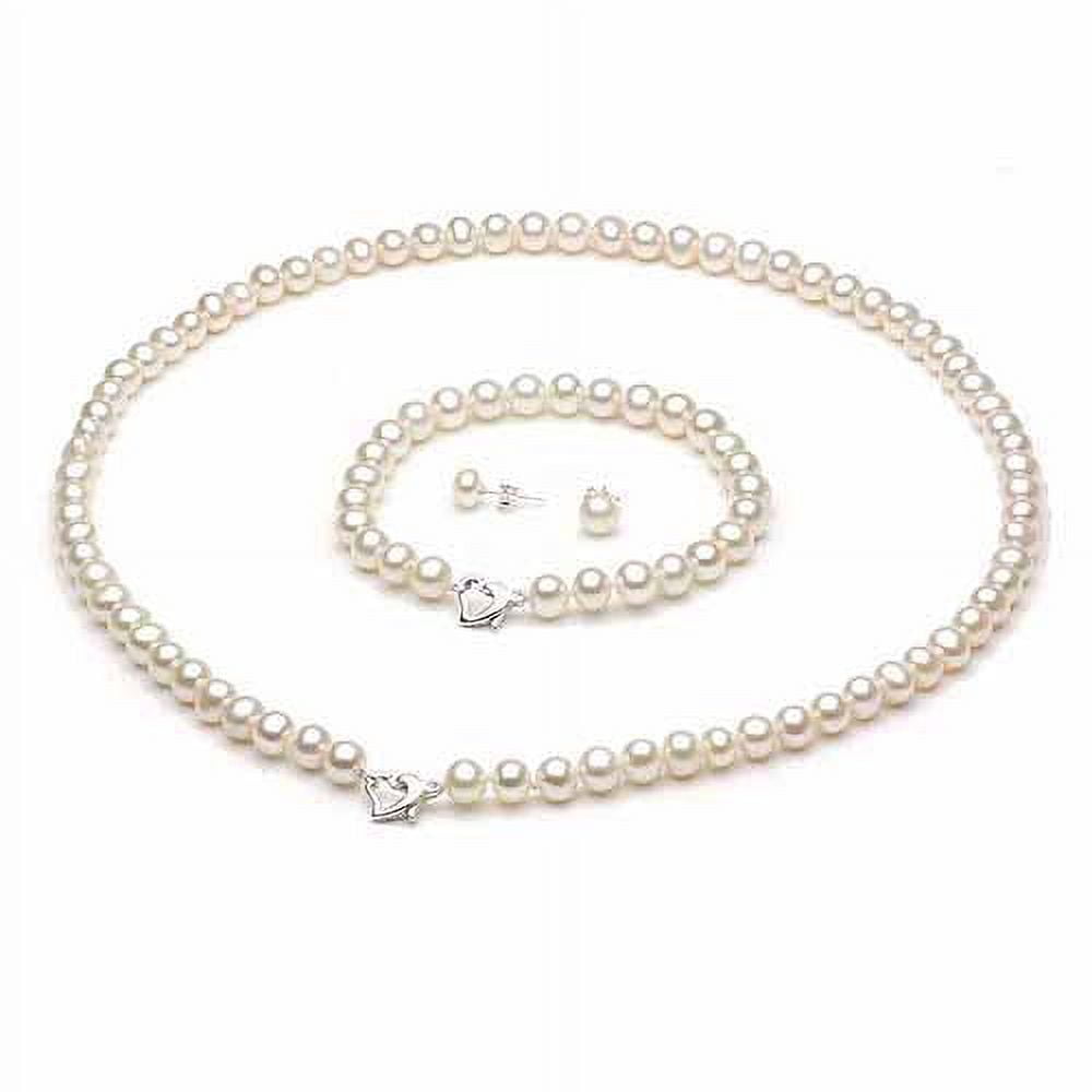 ADDURN 6-7mm White Freshwater Pearl Heart-Shape Sterling Silver Necklace (18"), Bracelet (7") Set with Bonus Pearl Stud Earrings