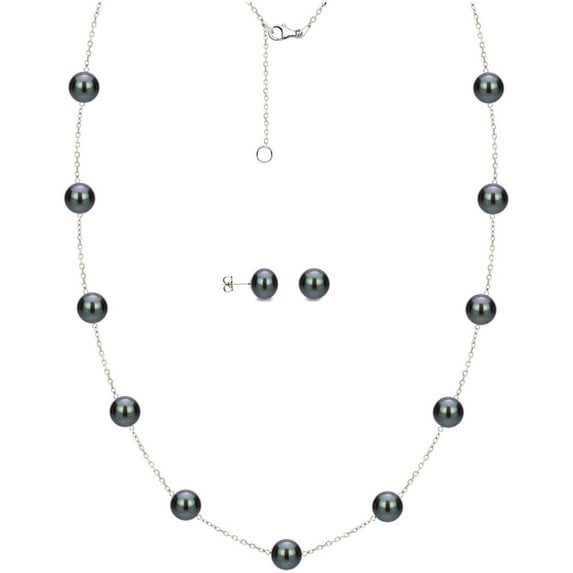 ADDURN 6mm x 7mm Black Cultured Freshwater Pearl Sterling Silver Station Necklace and Matching Earring Set, 18" with 2" Extender