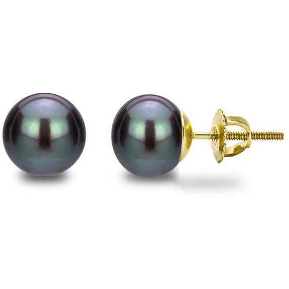 ADDURN 7-8mm Button-Shape Black Freshwater Pearl 14kt Yellow Gold Screw-Back Stud Earrings