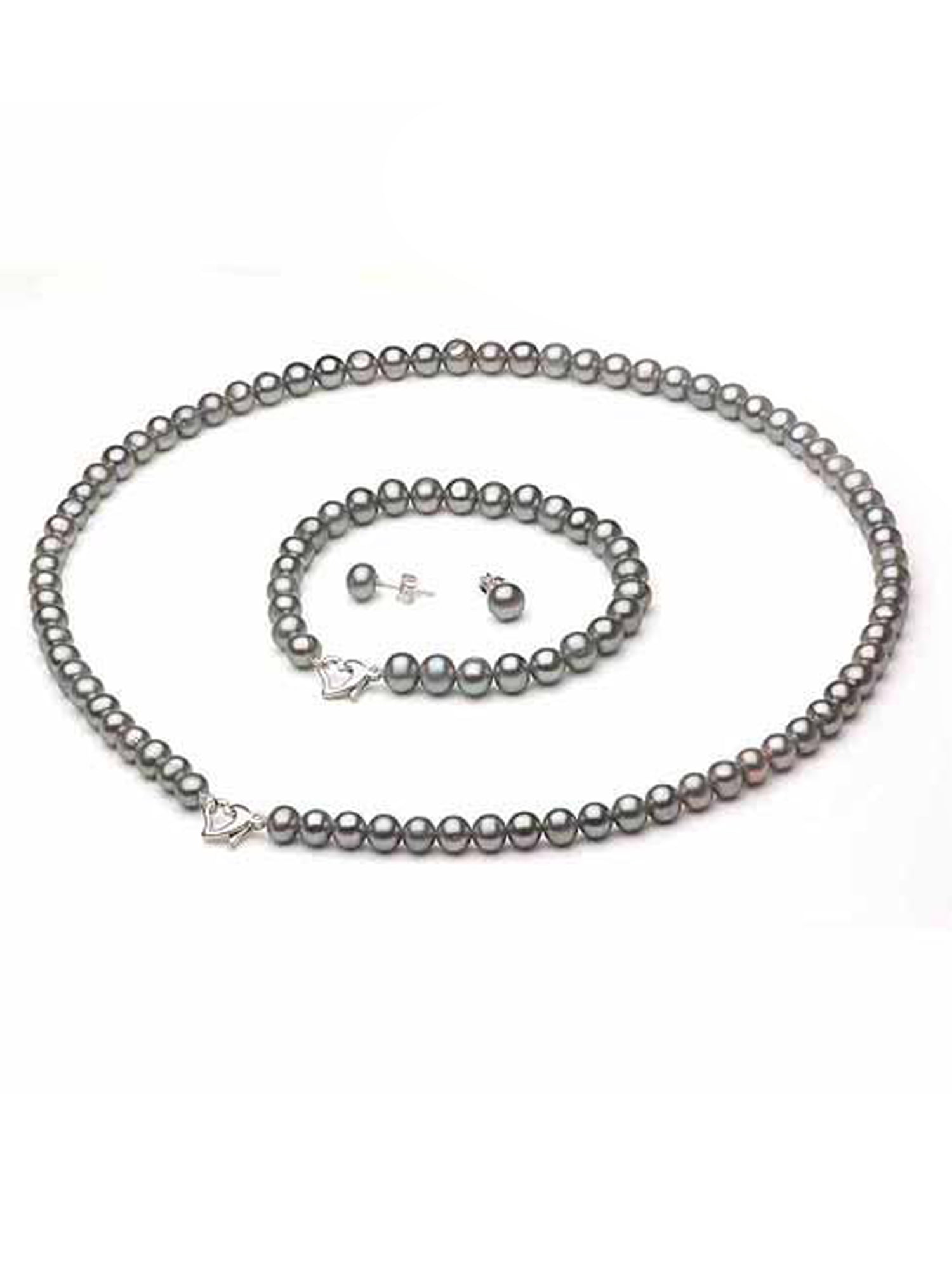 ADDURN 7-8mm Grey Freshwater Pearl Heart-Shape Sterling Silver Necklace (18"), Bracelet (7") Set with Bonus Pearl Stud Earrings
