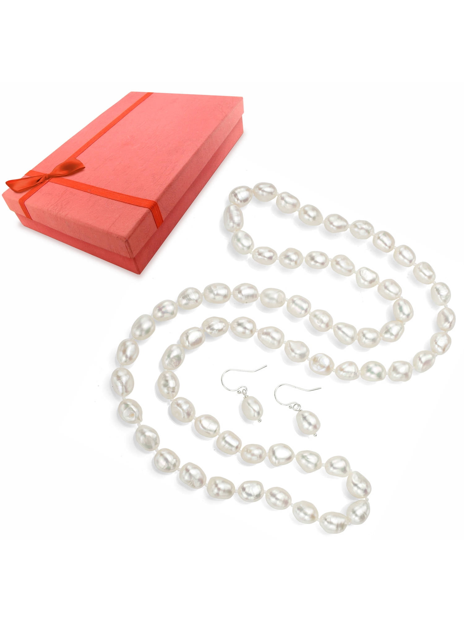 ADDURN 7-8mm White Cultured Freshwater Nugget-Shape Pearl Endless Necklace and Drop Earrings with Sterling Silver Leverback, Available in Various Lengths