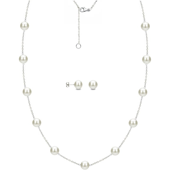 ADDURN 7mm x 8mm White Cultured Freshwater Pearl Sterling Silver Station Necklace and Matching Earring Set, 18" with 2" Extender