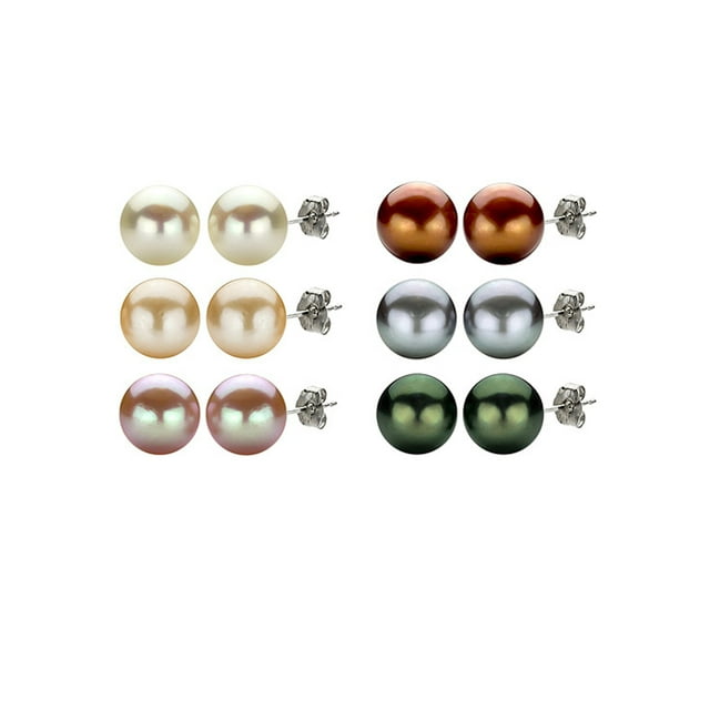 ADDURN 8-9mm White, Black, Pink, Grey, Brown and Peach Cultured Freshwater Pearl Earrings Set with Sterling Silver Clasps, 6 Pairs