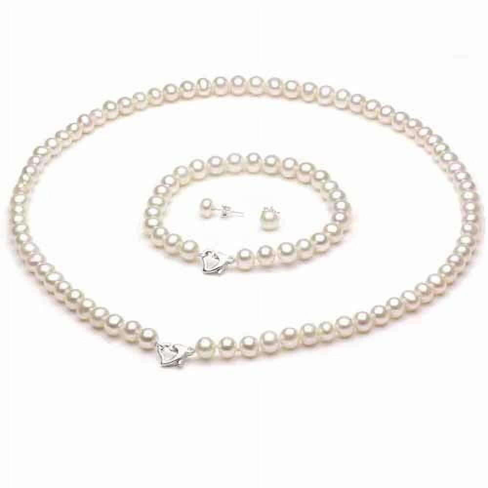 ADDURN 8-9mm White Freshwater Pearl Heart-Shape Sterling Silver Necklace (18"), Bracelet (7") Set with Bonus Pearl Stud Earrings