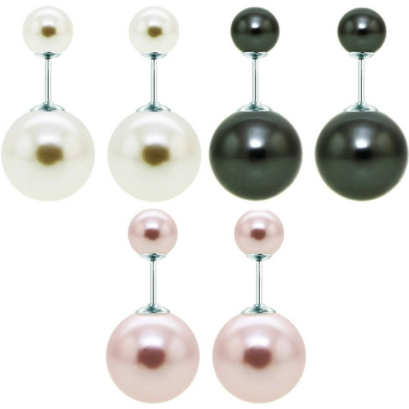 ADDURN 8mm and 16mm Shell Pearl Front and Back Sterling Silver Earrings, Three-Pair Set