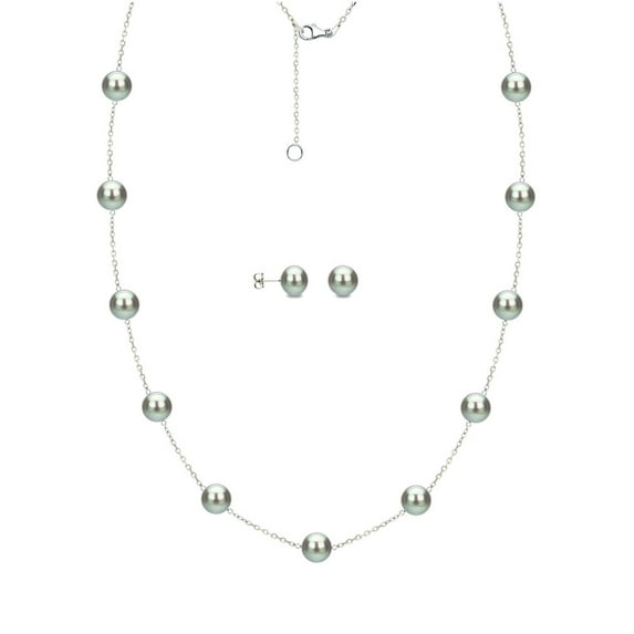 ADDURN 8mm x 9mm Grey Cultured Freshwater Pearl Sterling Silver Station Necklace and Matching Earring Set, 18" with 2" Extender