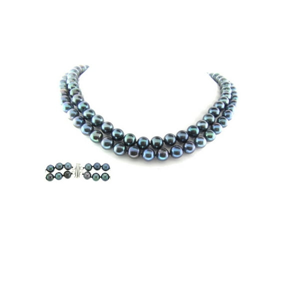 ADDURN Black Freshwater Pearl Necklace for Women, Sterling Silver 2 Row 17" & 18", 8mm x 9mm