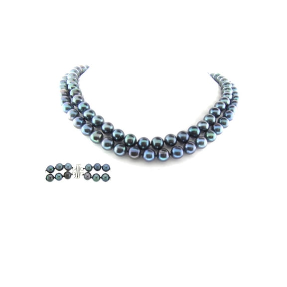 ADDURN Black Freshwater Pearl Necklace for Women, Sterling Silver 2 Row 17" & 18", 8mm x 9mm