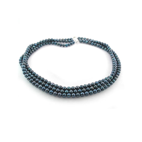 ADDURN Black Freshwater Pearl Necklace for Women, Sterling Silver 3 Row 18" 6.5mm x 7mm