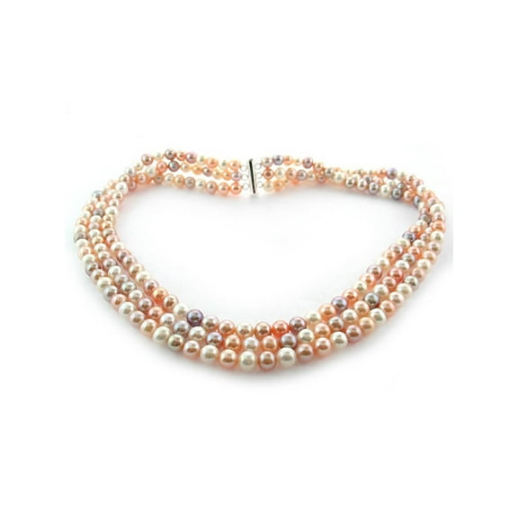 ADDURN Multi-Color Freshwater Pearl Necklace for Women, Sterling Silver 3 Row 18" 6.5mm x 7mm