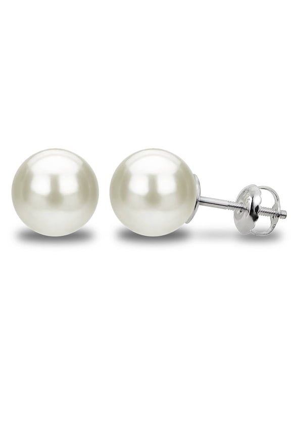 Round White 9-10mm Freshwater Cultured Pearl Sterling Silver Screw-Back Stud Earrings, AAA Quality