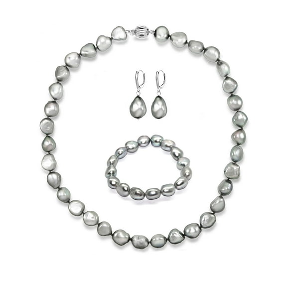 ADDURN Sterling Silver 11-12mm Baroque Ireggular Freshwater Pearl 18" Necklace, Bracelet, and Earrings Set