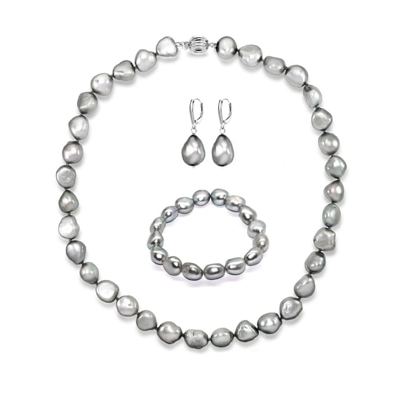 ADDURN Sterling Silver 11-12mm Baroque Ireggular Freshwater Pearl 22" Necklace, Bracelet, and Earrings Set