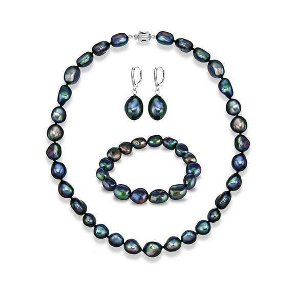 ADDURN Sterling Silver 11-12mm Baroque Ireggular Freshwater Pearl 22" Necklace, Bracelet, and Earrings Set