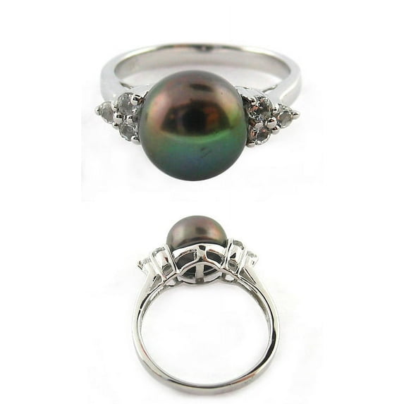 ADDURN Sterling Silver 8-9mm Tahitian Pearl/2 Diamonds 0.01ct/4WT = 0.12ct Ring, Size #10
